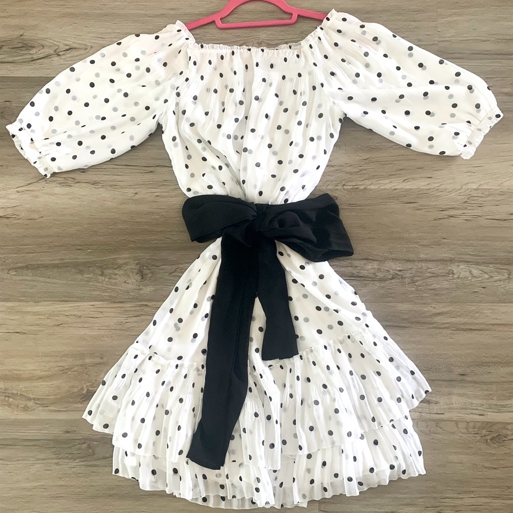 WHBM - Cute white dress with black polka dots and a black chiffon bow/belt.